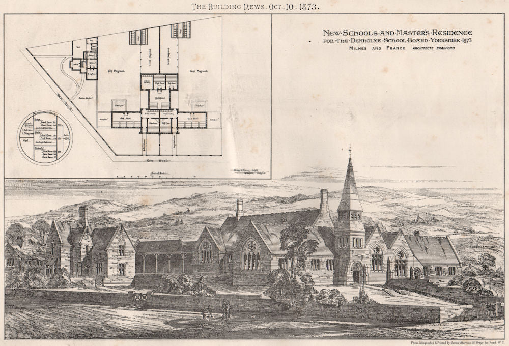 Schools & Master's house, Denholme School Board, Yorkshire; Milnes & France 1873